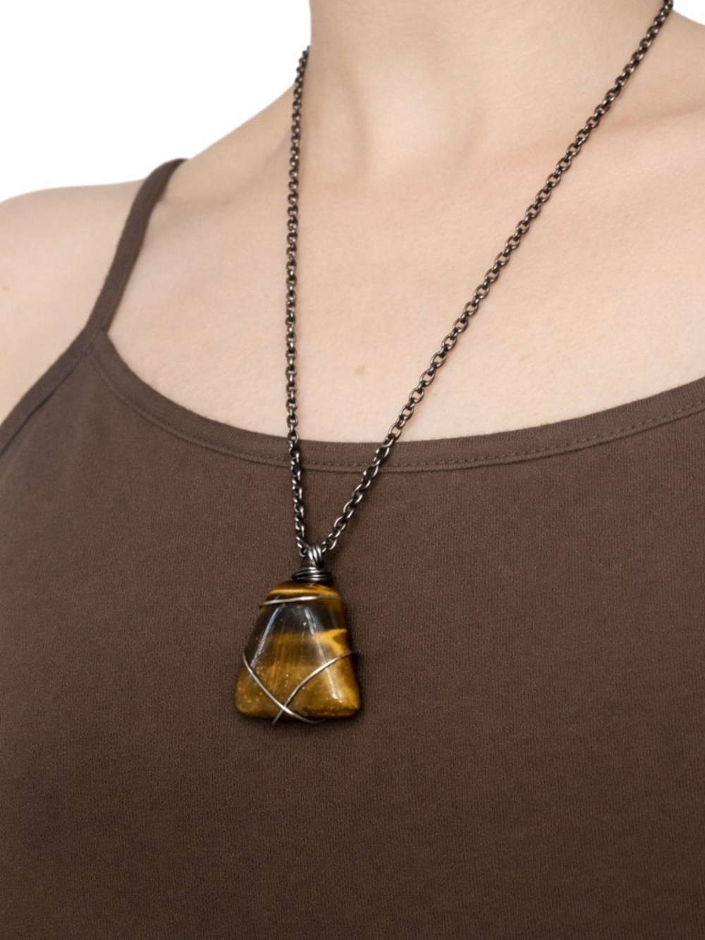 Handcrafted Tiger’s Eye Necklace • Gold/Brown Flash • Wire Wrapped Steel | NWOT